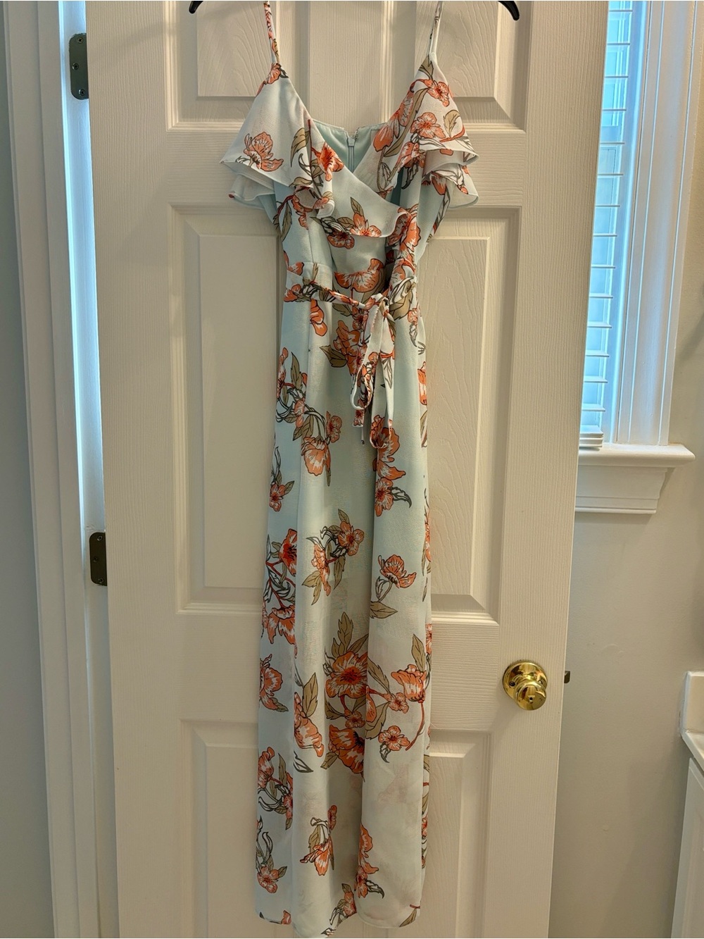 Women’s Floral Ruffle Strap Maxi Dress - Light Blue with Orange and Coral Floral
